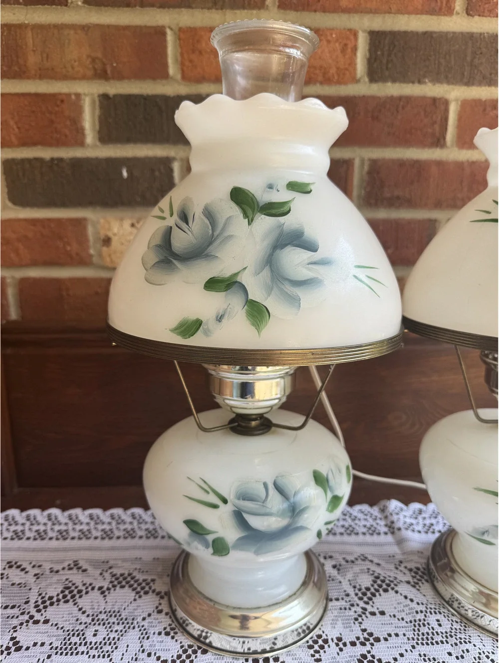 Pair of Vintage Electric Glass Hurricane Table Lamps with Floral Design